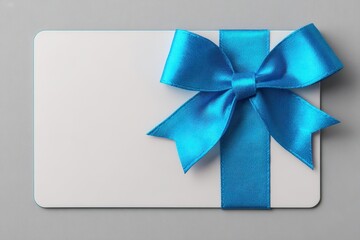 Three-Dimensional Blank Gift Card with Elegant Blue Bow on Subtle Gray Backdrop - Perfect for Anniversaries and Birthdays