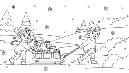 Children Engaged in Snowy Winter Activity Pulling Sled with Presents