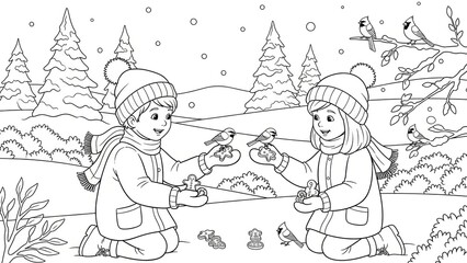 children playing and feeding birds in snowy winter landscape with evergreen
