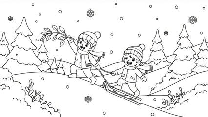 Joyful children sledding through snowy winter landscape with pine trees