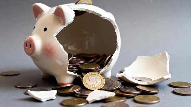 Cracked piggy bank revealing coins and savings transition on gray surface