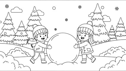Children Building a Snowman in a Winter Forest Clearing During Snowfall