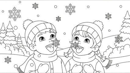 Joyful children in winter hats playing in snowy outdoor landscape