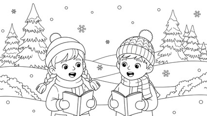 Children Reading Books in a Winter Forest Scene with Snow and Pine Trees