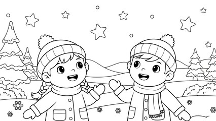 Joyful children playing in a snowy winter landscape with trees and stars