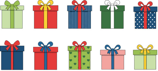 Colorful Gift Box Illustration Set Featuring Wrapped Present Boxes with Ribbons and Bows for Christmas, Birthday, Holiday Celebrations, and Festive Design Projects