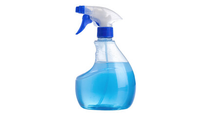 Studio shot of a transparent spray bottle containing blue cleaning liquid, set against a transparent background, offering versatility for various design applications