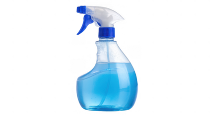 Studio shot of a transparent spray bottle containing blue cleaning liquid, set against a transparent background, offering versatility for various design applications
