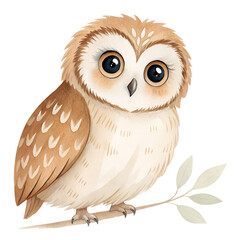 Naklejka premium Cute owl watercolor clipart, soft hand-painted style, big expressive eyes, light brown and cream feathers, gentle brush strokes, minimal details, isolated on transparent background, high-resolution PN