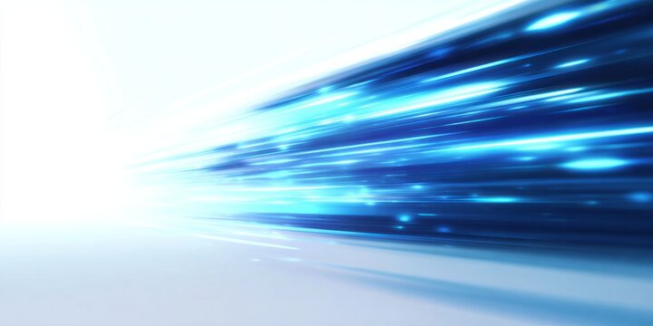 Glowing blue light trails streak across a bright white digital corridor in motion