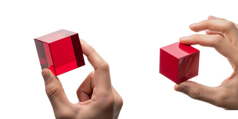 Hands Holding Red Translucent Cubes
