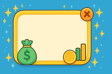 Cartoon Money Bag, Coin, and Graph Icons on Blue Background