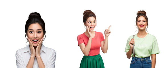 Three Women Posing with Joyful Expressions and Stylish Outfits