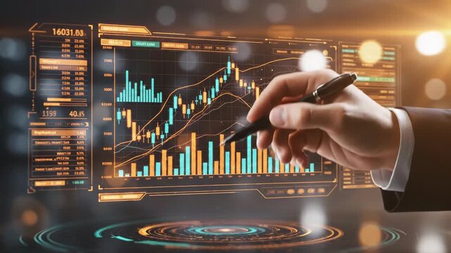 Hand holding a pen pointing at a futuristic digital graph display with financial data and statistics 4k video