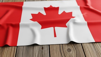 The National Flag of Canada proudly displays the iconic maple leaf symbol on a wooden surface conveying a sense of patriotism and national identity and celebrating canadian culture