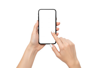 Hands holding smartphone with blank white screen isolated on white background, mobile app and technology mockup concept