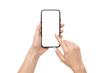 Hands holding smartphone with blank white screen isolated on white background, mobile app and technology mockup concept
