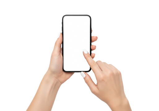Hands holding smartphone with blank white screen isolated on white background, mobile app and technology mockup concept - Powered by Adobe