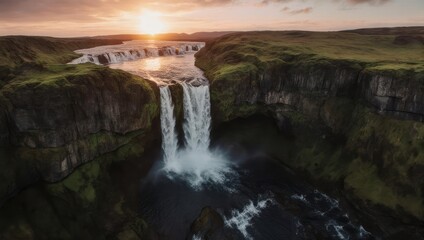 Majestic Waterfall Cascading Down Cliff at Sunset with Golden Light.