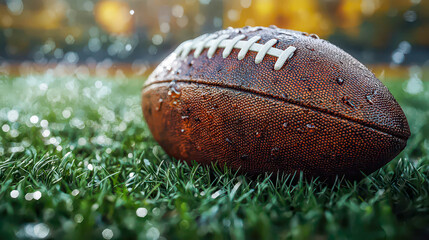 An American football rests on the sideline of a green field in autumn light, capturing focus, anticipation, and the calm moment before the game begins
