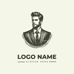 A vector illustration of a bearded businessman in a suit and tie with a logo name and slogan on a plain background.