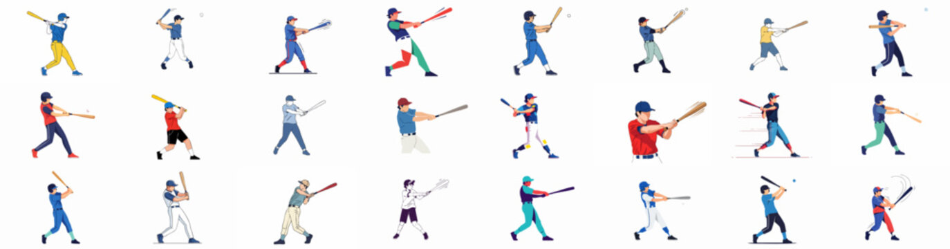 Dynamic collection of baseball players batting, showing various swing poses, isolated vector illustrations for sports and activity design.