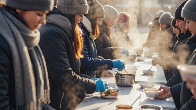 Volunteers serving hot soup to people outdoors in winter. Charity workers feeding the homeless or refugees. Humanitarian aid concept
