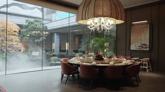 Elegant dining setup by garden view