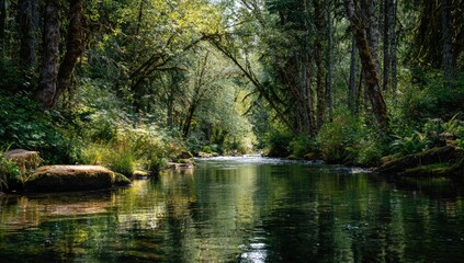 Serene forest stream, sunlight filtering through trees