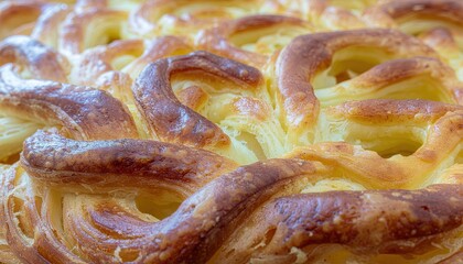 Close up of a golden brown baked pastry with swirled dough and a dusting of sugar