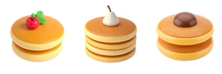 Three stacks of delicious pancakes with toppings including cherry whipped cream and chocolate on transparent background