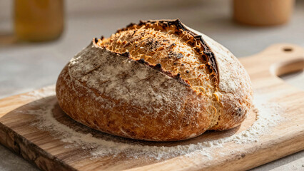 Naklejka premium Freshly baked sourdough bread resting on a wooden cutting board with flour scattered around in a kitchen Generative AI