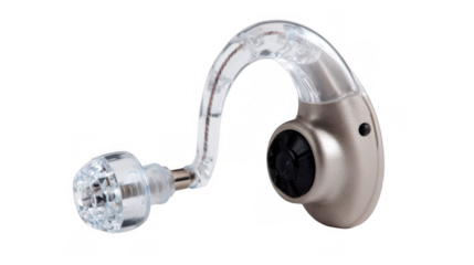 Modern hearing aid device attached to an ear, enhancing auditory function and improving communication for individuals with hearing impairment, isolated on a transparent background