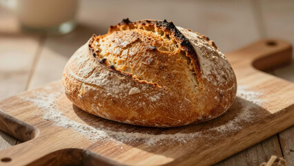 Naklejka premium Freshly baked bread on a wooden cutting board in a kitchen with natural light in the morning Generative AI