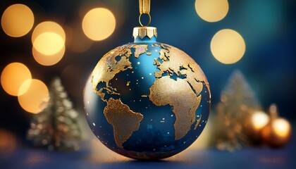 Collection of photos featuring luxury gold and blue Christmas globe ornaments with world map design, sparkling holiday lights, elegant tree decor, festive interiors, and premium seasonal styling.