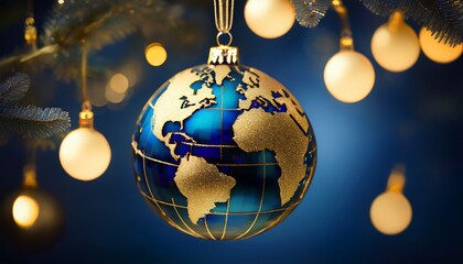 Collection of photos featuring luxury gold and blue Christmas globe ornaments with world map design, sparkling holiday lights, elegant tree decor, festive interiors, and premium seasonal styling.