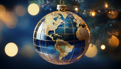 Collection of photos featuring luxury gold and blue Christmas globe ornaments with world map design, sparkling holiday lights, elegant tree decor, festive interiors, and premium seasonal styling.