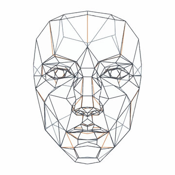 Geometric Wireframe Face Representing Facial Recognition and Biometric Technology.