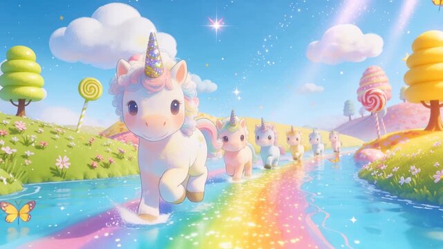A majestic mother unicorn leads her fluffy baby unicorns across a sparkling rainbow bridge over a vibrant river in a candy-filled fantasy meadow