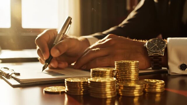 Businessman signing document with stacks of gold coins on the table in a professional setting 4k video