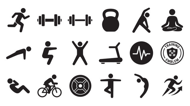 Collection of black silhouette sport icons for fitness and gym workouts, including running, weightlifting, yoga, cycling, stretching, and various exercise equipment symbols