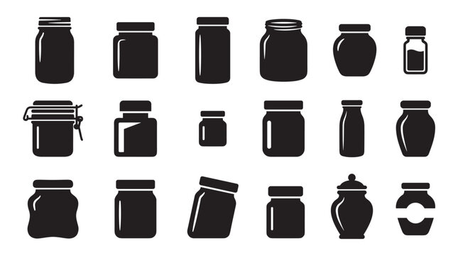 Collection of black jar and bottle silhouettes in various shapes and sizes, featuring minimalist icons for food preservation, canning, storage, and kitchenware concepts