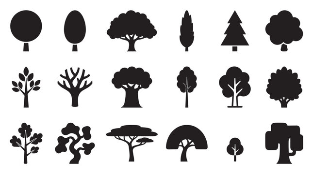 Diverse collection of black tree silhouettes and icons in various simple, stylized, and graphic shapes representing different types of forest, park, and garden plants