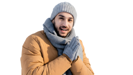 Man wearing winter clothing isolated on transparent background with happy expression