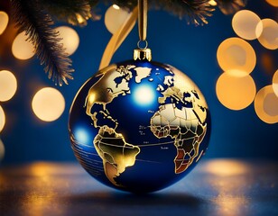 Collection of photos featuring luxury gold and blue Christmas globe ornaments with world map design, sparkling holiday lights, elegant tree decor, festive interiors, and premium seasonal styling.