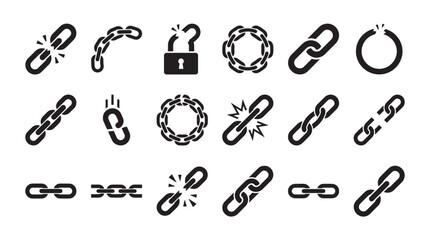 Fototapeta premium Collection of black chain link icons representing connection, disconnection, strength, and weakness in a minimalist vector style with whole, broken, and circular variations
