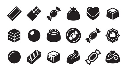 Black chocolate candy and confectionery icon set showing various sweet treats like pralines, truffles, and bars in a simple graphic glyph style for design elements
