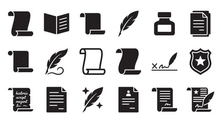 Collection of black glyph icons representing historical writing and legal documents, including parchment scrolls, feather quills, inkwells, signatures, and official papers