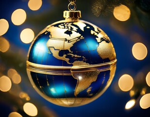Collection of photos featuring luxury gold and blue Christmas globe ornaments with world map design, sparkling holiday lights, elegant tree decor, festive interiors, and premium seasonal styling.