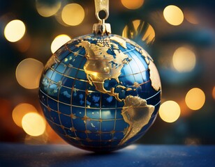 Collection of photos featuring luxury gold and blue Christmas globe ornaments with world map design, sparkling holiday lights, elegant tree decor, festive interiors, and premium seasonal styling.
